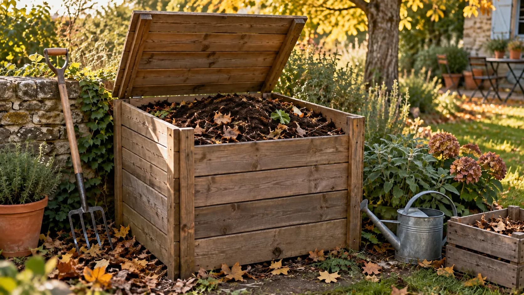 Bac à compost en bois ouvert dans un jardin