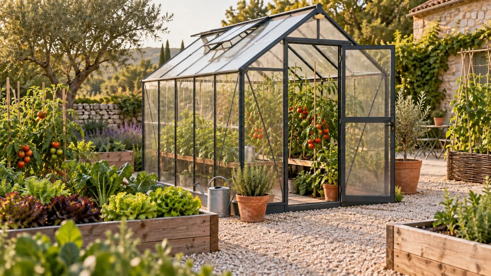 Serre de jardin au milieu de carrés potagers